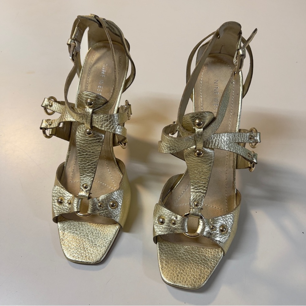 Nine West Metallic Gold Leather Upper high Heels straps Sandals shoes Size 10